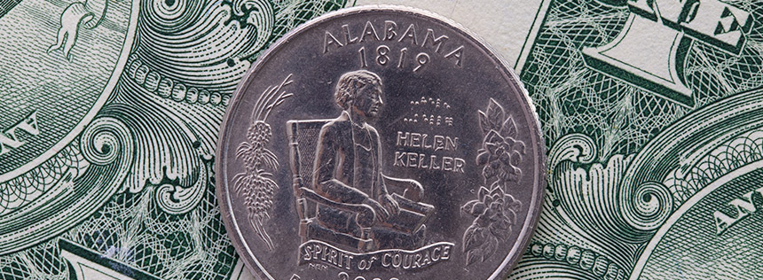 Currency with Alabama state quarter featuring Helen Keller
